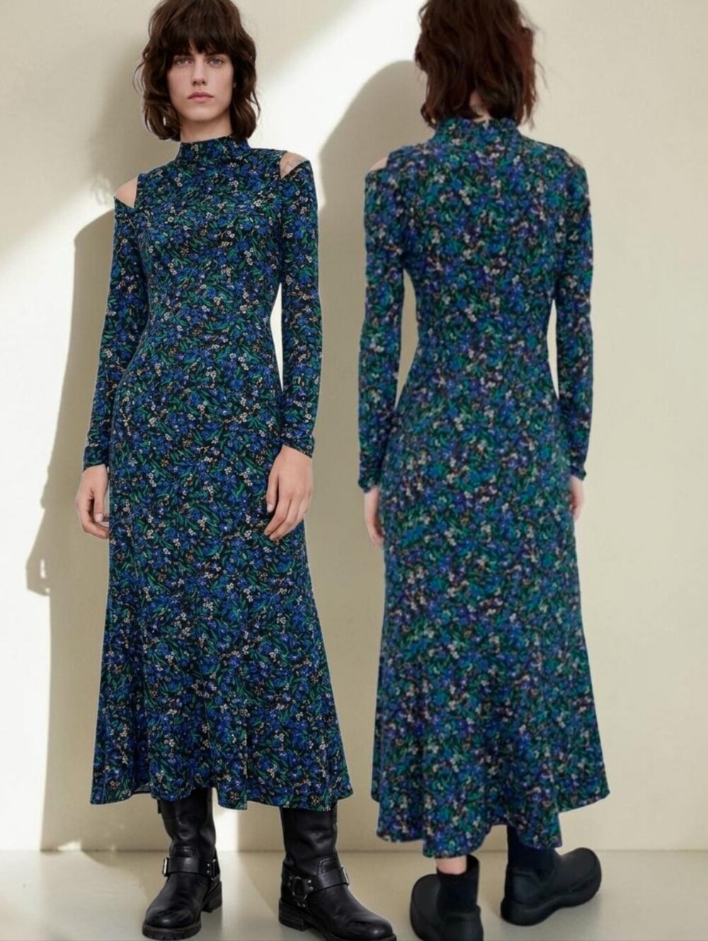 ZARA Floral Print Mock Neck Cutout Shoulder Midi Dress - Size L